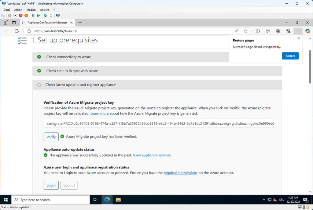 Ein Computerbildschirm, auf dem eine Einrichtungsseite für Azure mit Schritten zur Überprüfung der Konnektivität, von Updates und der Verifizierung eines Projektschlüssels angezeigt wird.