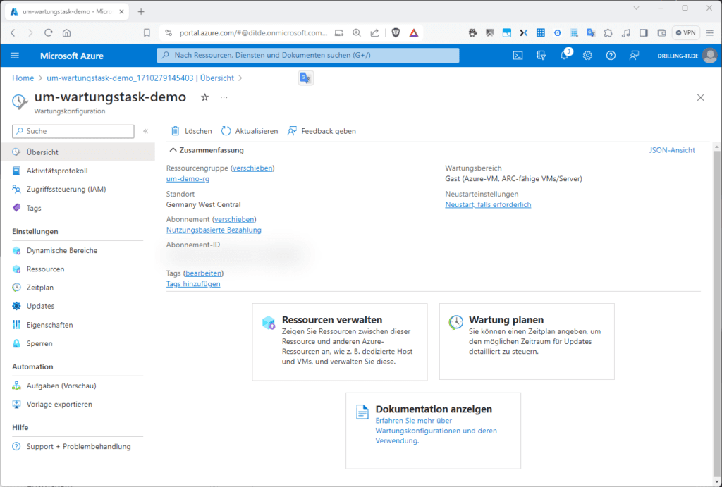 Screenshot eines Microsoft Azure-Portals mit Optionen für die Ressourcenverwaltung und Wartungsaufgaben, mit Navigations- und Einstellungsmenüs.