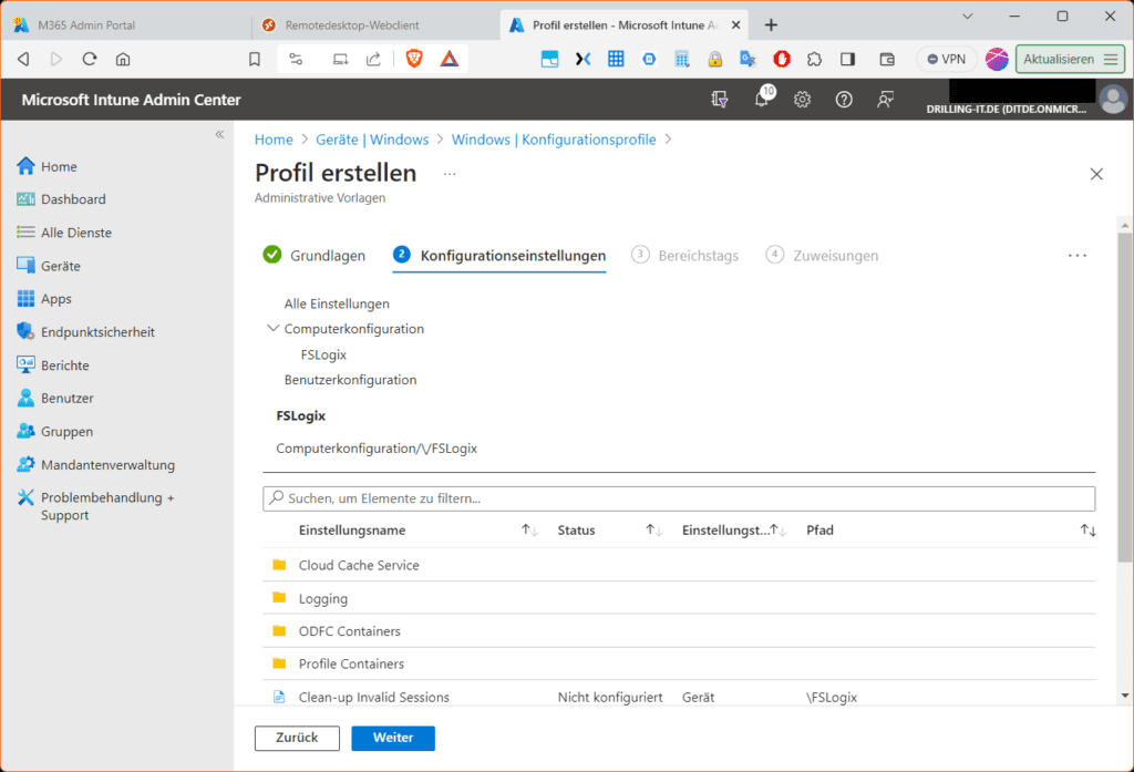 Das Aktivieren von FSLogix über Intine-Profile