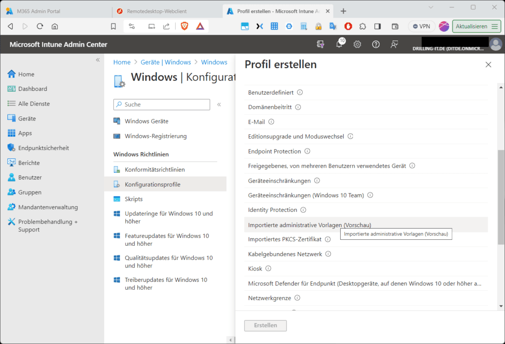 Als Basis für ein neues Konfigurationsprofil dient dann die importierte ADMX-Vorlage