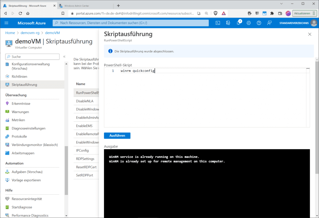 Der WinRM-Service “muss“ auf der VM laufen.