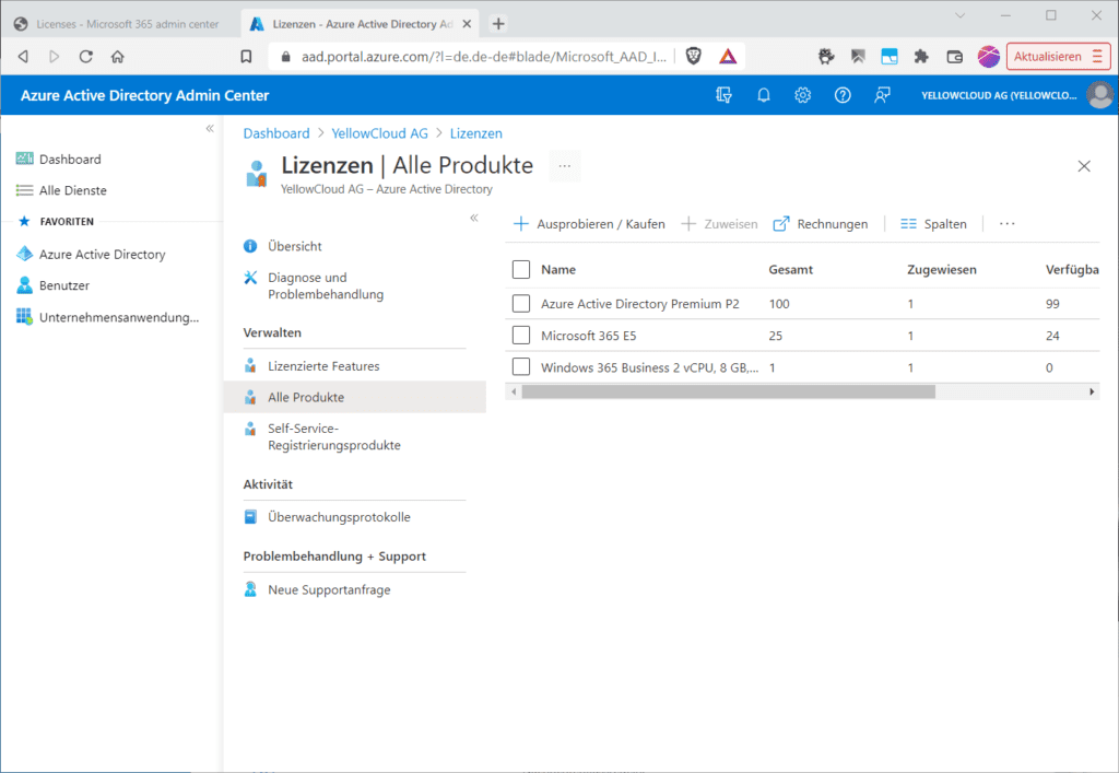 Das Kaufen von Lizenzen ist nicht nur im Office365-Admin-Center, sondern auch im AzureAD-Portal möglich.