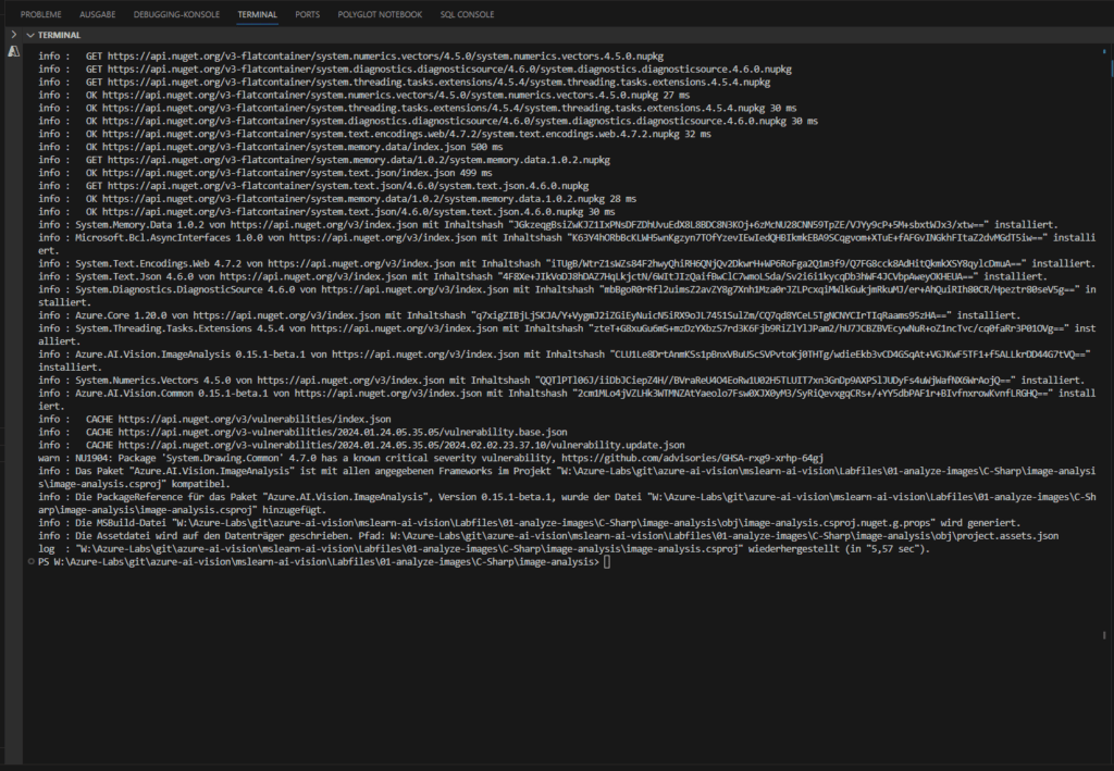 Ein Computerbildschirm, der Code in einem Terminalfenster mit mehreren Textzeilen anzeigt, darunter URLs, Dateipfade und Installationsbefehle.