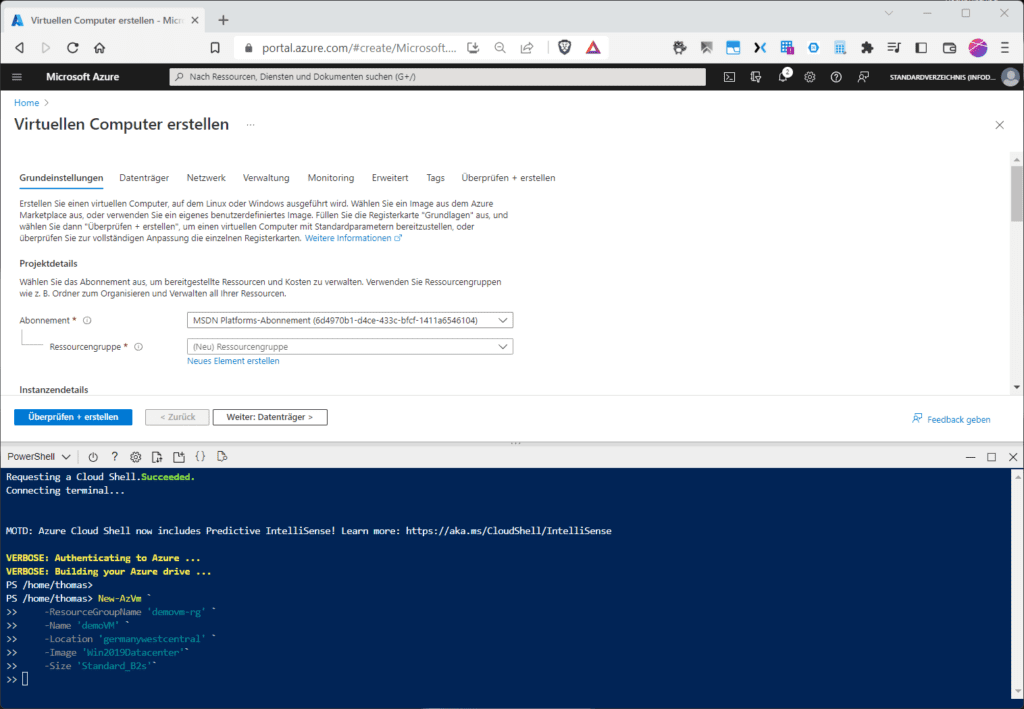 Das Bereitstellen einer Azure-VM per Powershell mit Hilfe der Azure Cloud Shell.