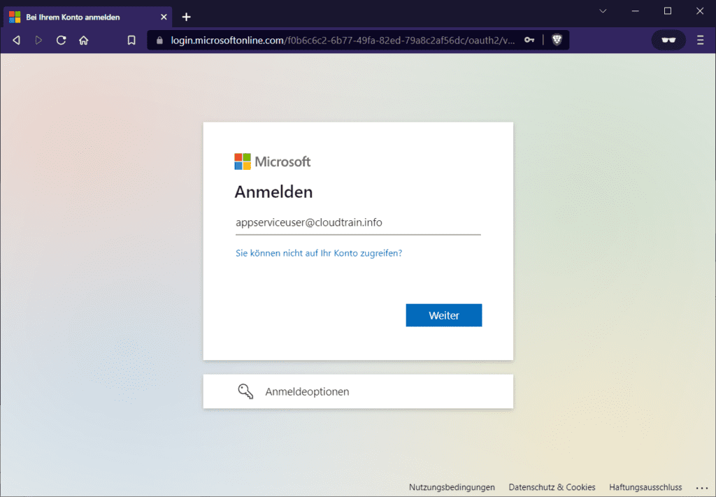 Die WebApp fordert nun zur Authentifizierung auf.