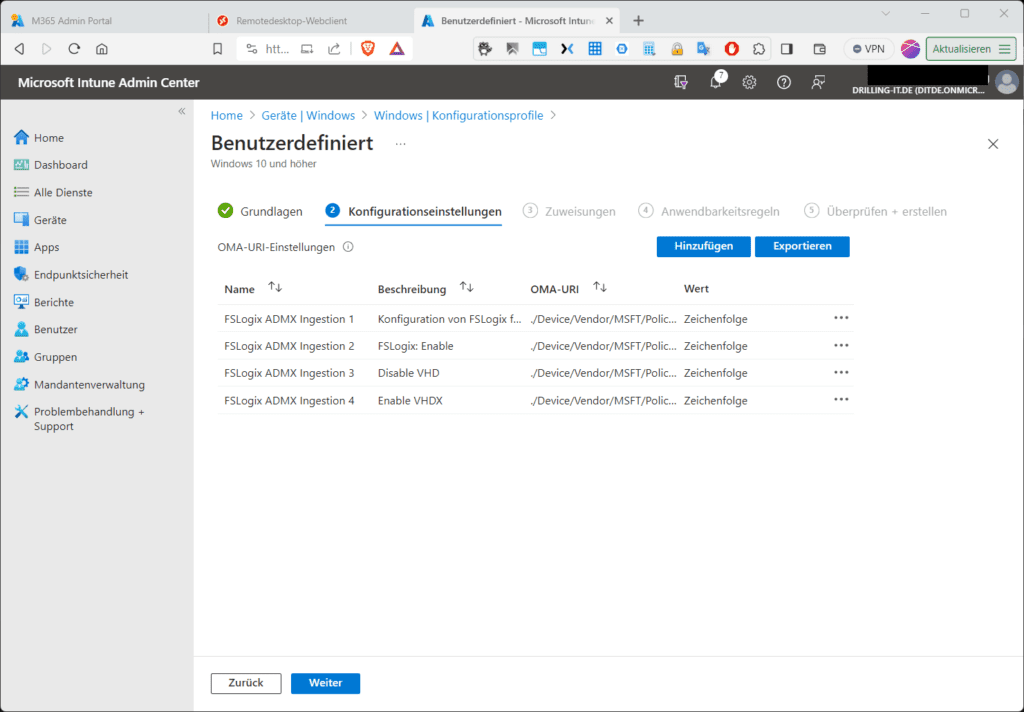 Das Konfigurieren von FSLogix per ADMX-Ingestion-Richtlinie