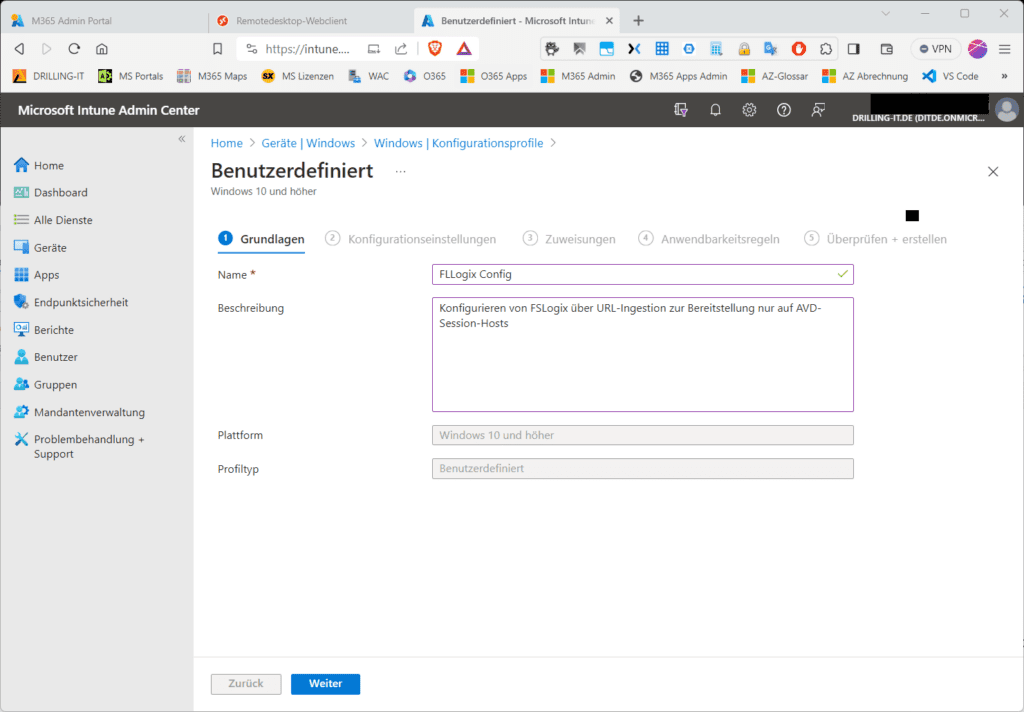 Ein neues Konfigurationsprofil in Intune