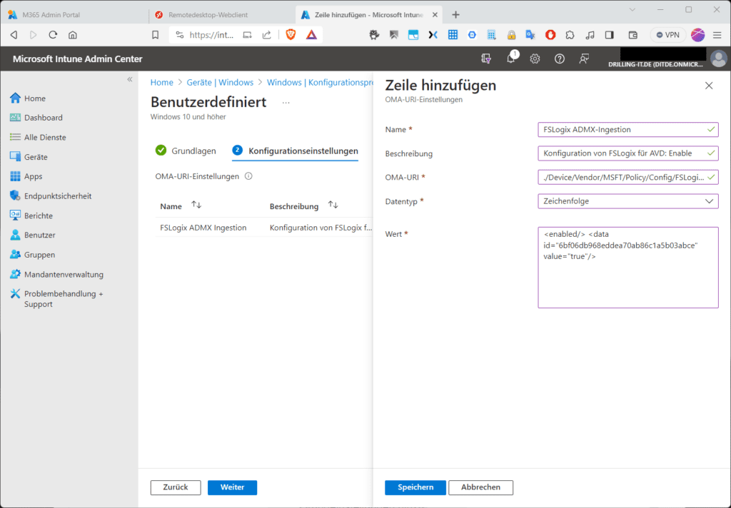 Das Einschalten von FSLogix per OMA-URI