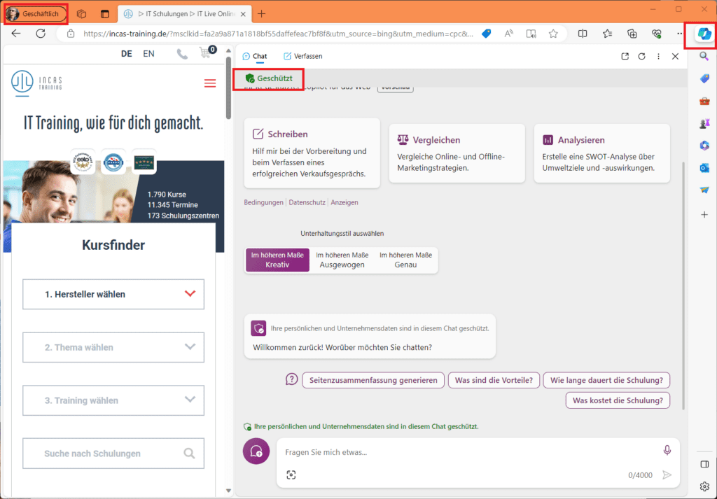 Bing-Copilot-Enterprise im geschützten Modus