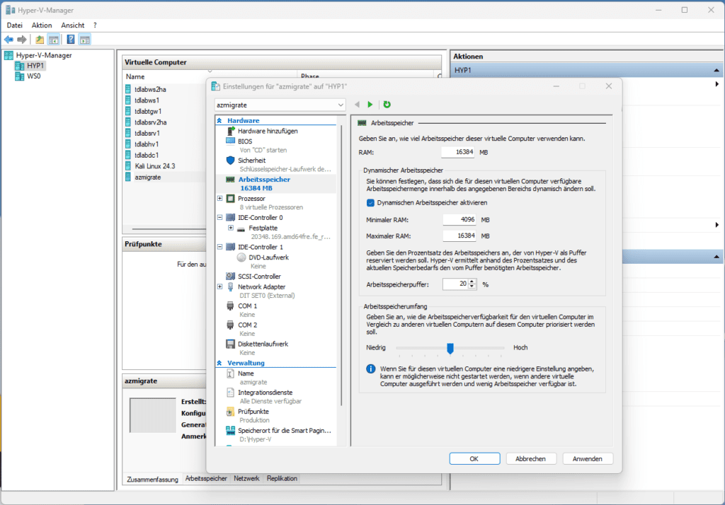 Die Oberfläche des Hyper-V-Managers zeigt die Einstellungen der virtuellen Maschine, einschließlich der Optionen für die Speicherzuweisung, in einem Dialogfeld an.