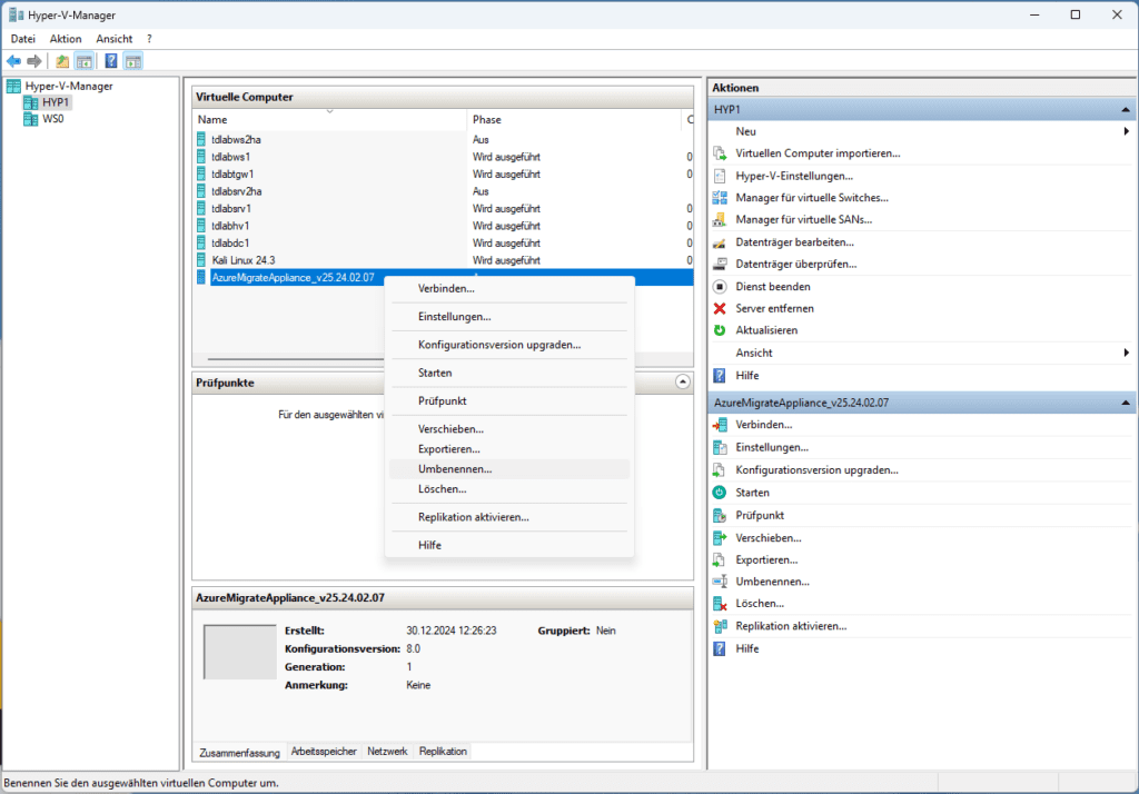 Screenshot des Hyper-V-Managers, der virtuelle Maschinen, ihren Status und ein Kontextmenü mit Optionen zur Verwaltung einer ausgewählten Maschine anzeigt.