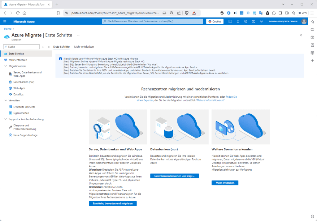 Azure Migrate-Webseite mit drei Optionen: Servermigration, Datenbankmigration und Erkundung zusätzlicher Szenarien, mit Symbolen und Beschreibungen.