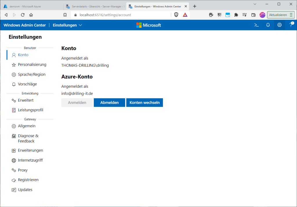 Die Anbindung eines Azure-Kontos kann auch generell in den Einstellungen erfolgen.