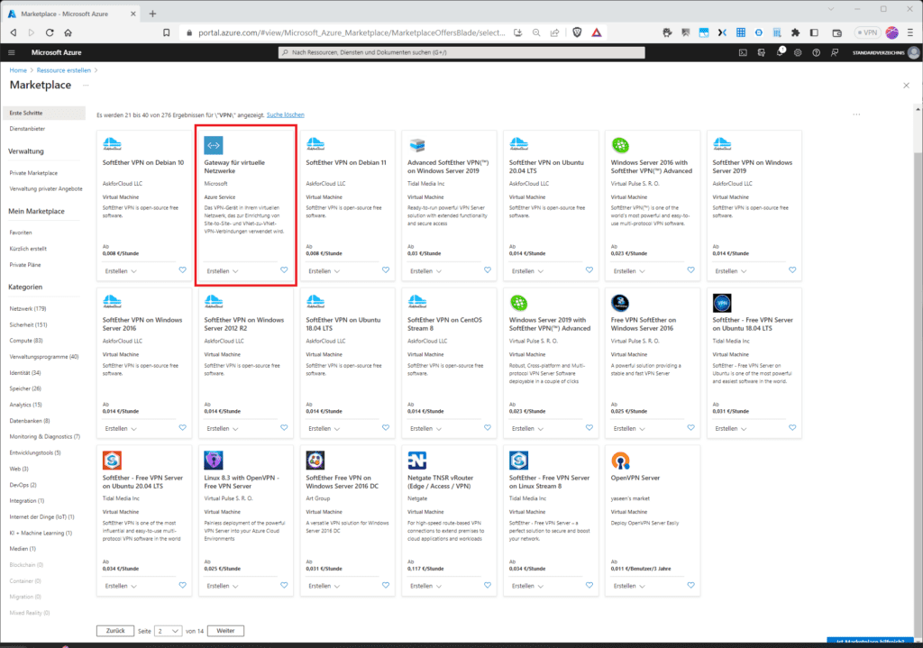 Ein großes Angebot an IaaS- und PaaS-basierenden VNN-Lösungen im Azure Marktplatz.