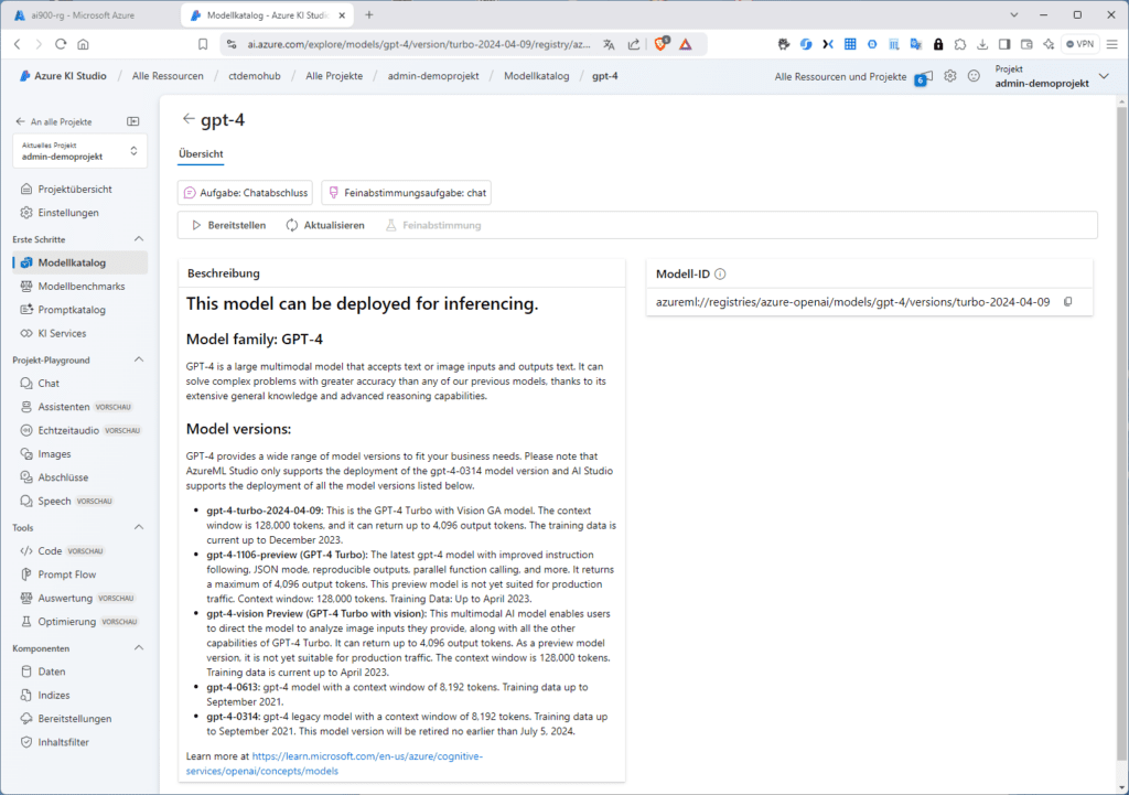 Screenshot von Microsoft Azure AI Studio, der die Details des GPT-4-Modells anzeigt, einschließlich Bereitstellungsoptionen und Modellversionen.