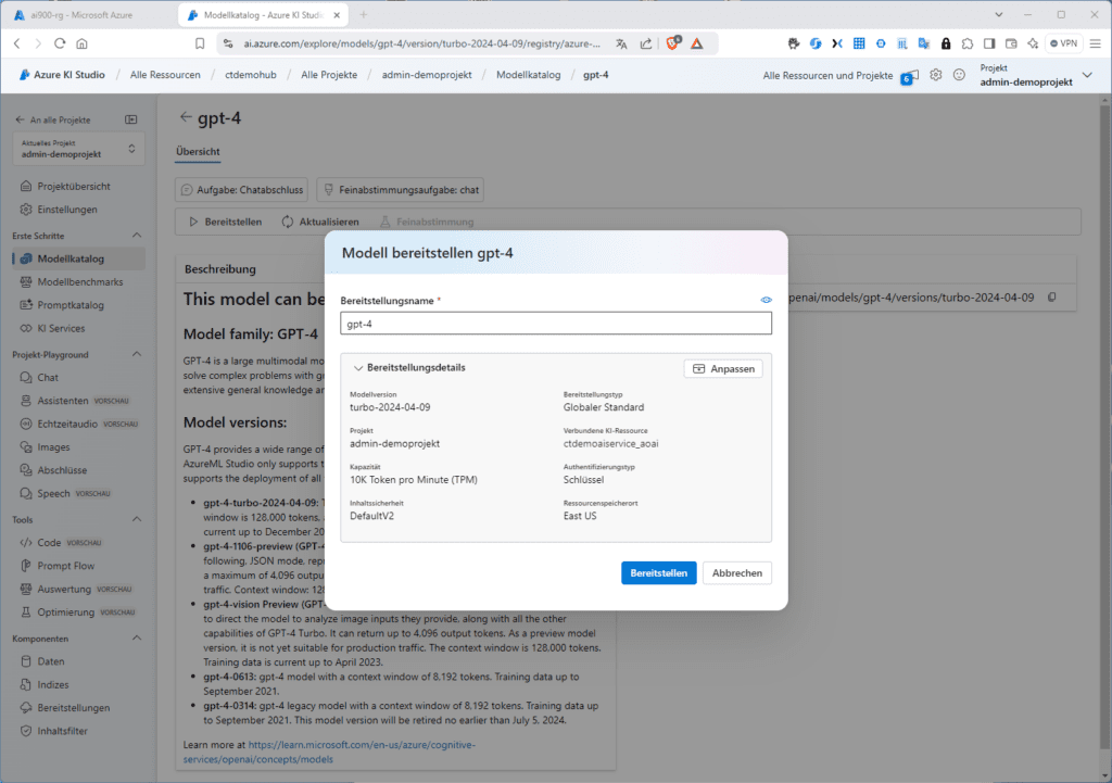 Screenshot einer Webseite, die ein Pop-up-Fenster mit dem Titel „Modell bereitstellen gpt-4“ mit Modelleinstellungen und Konfigurationsoptionen zeigt