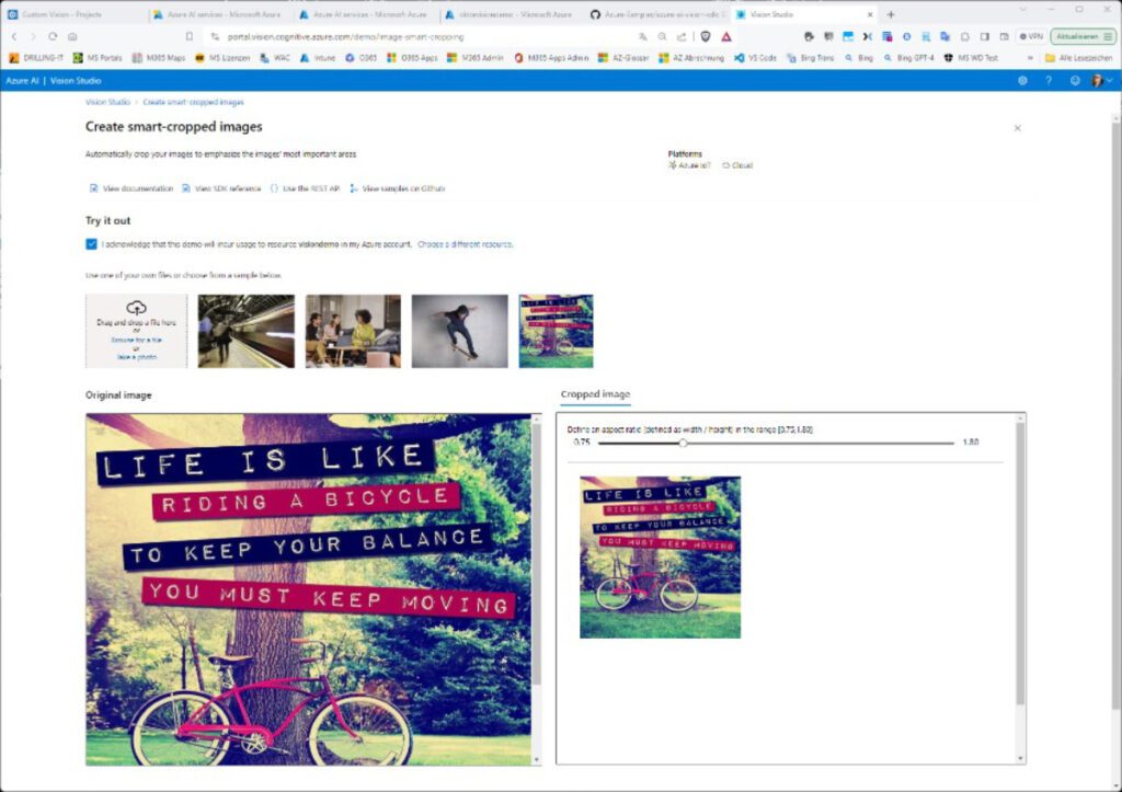 Ein Screenshot einer Webseite zeigt ein Bildbearbeitungstool. Das bearbeitete Bild stellt ein Fahrrad dar, ergänzt durch ein motivierendes Zitat über Balance und Bewegung