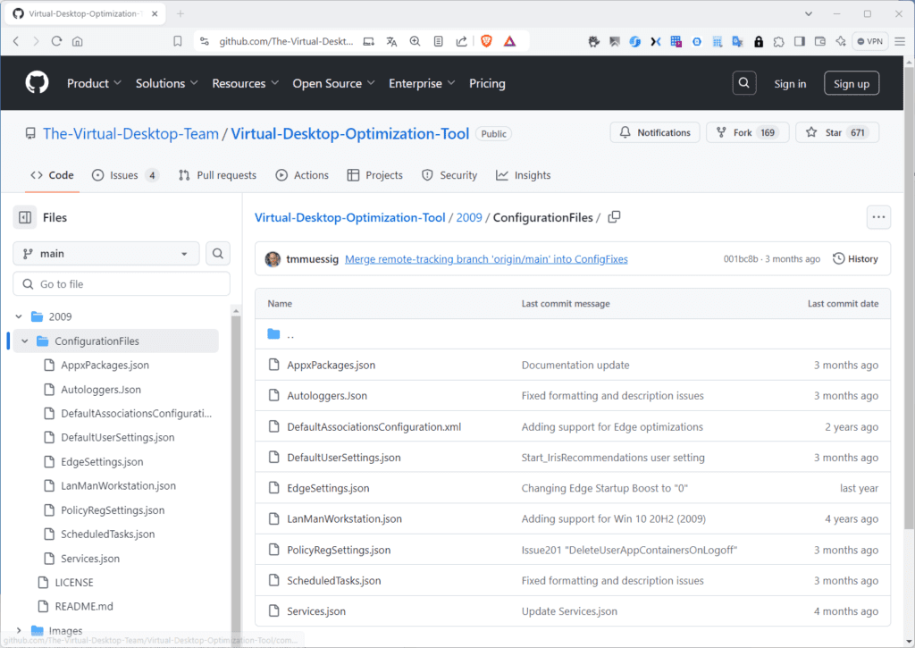 GitHub-Repository-Seite, die ein Dateiverzeichnis für „Virtual-Desktop-Optimization-Tool“ mit aufgelisteten Konfigurationsdateien zeigt