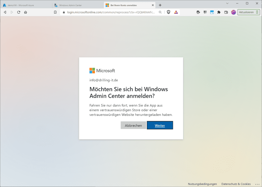 Der Anmeldevorgang in einen separaten Browser-Fenster.