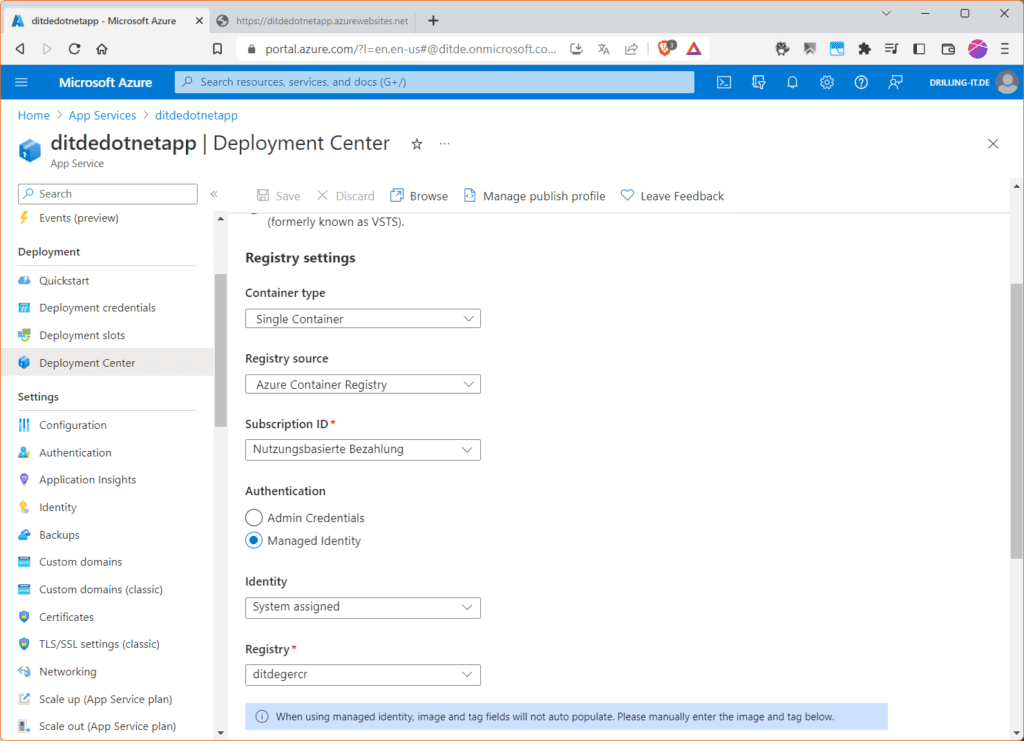 Natürlich findest du auch im Deployment Center deiner Web App den Bezug zur deiner Container Registry.