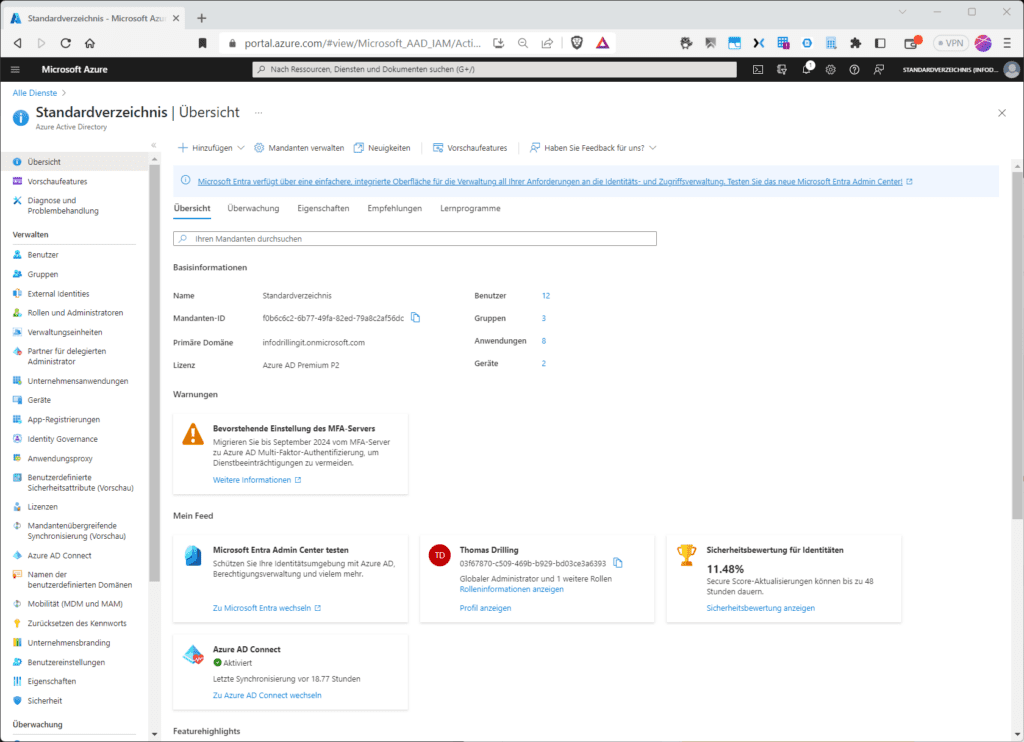 Das Azure-AD-Blade im Azure-Portal
