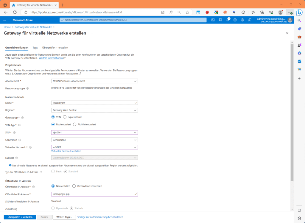 Erstellen eines Azure-VPN-Gateways im Azure-Portal.