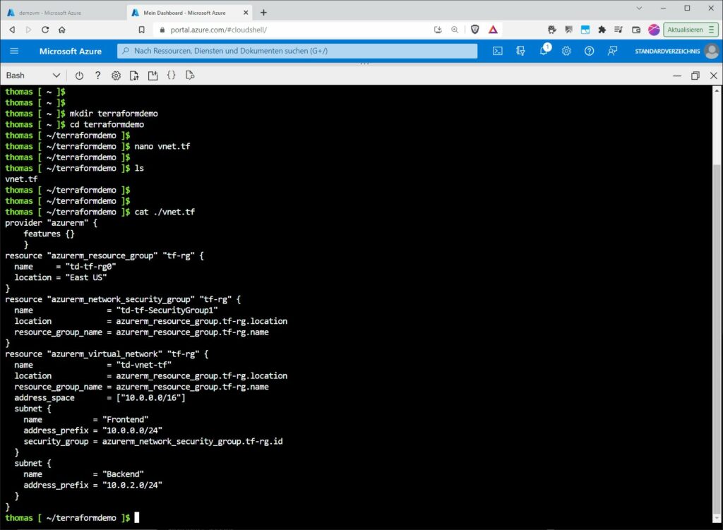 Ihr Terraform-Bereitstellungsskript in der Cloud Shell, hier mit „nano“.