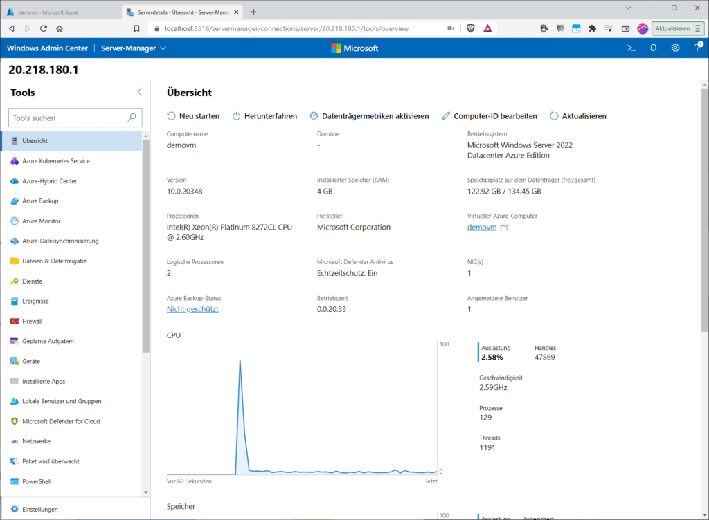 Geschafft: eine Azure-VM im Admin Center.