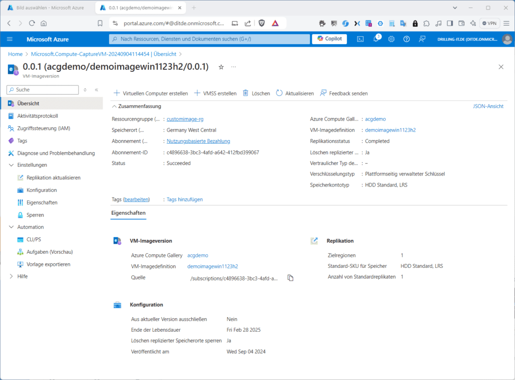 Screenshot einer Microsoft Azure-Portalseite mit Details zur virtuellen Maschine, einschließlich Spezifikationen, Konfigurationen und Replikationseinstellungen