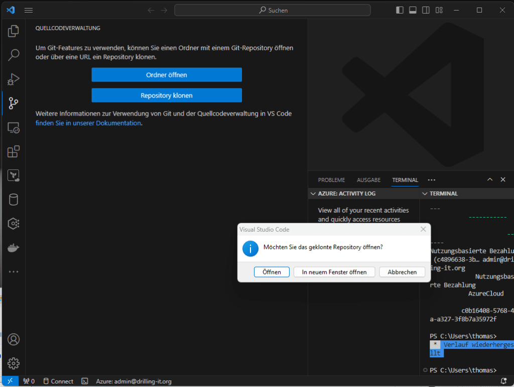 Visual Studio Code-Oberfläche mit einer Aufforderung, ein geschlossenes Repository zu öffnen, mit Optionen zum Öffnen in einem neuen Fenster oder zum Abbrechen.