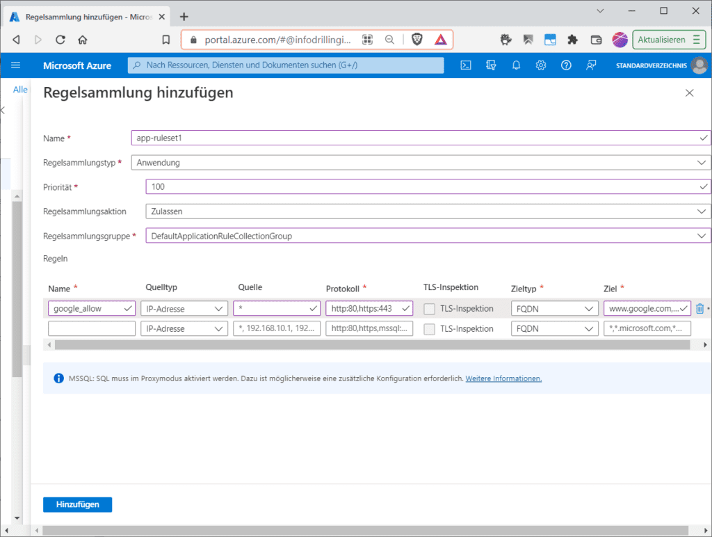 Eine Anwendungsregel erlaubt ausgehenden http-Traffic zu bestimmten FQDNs