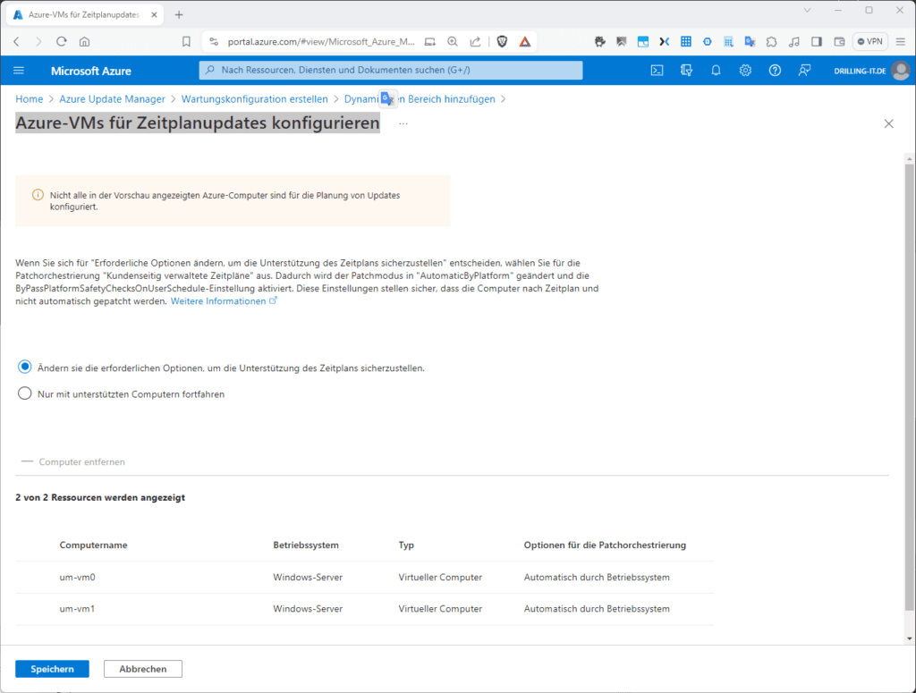 Screenshot eines Microsoft Azure-Portals mit Konfigurationsoptionen für die Planung von Updates auf virtuellen Maschinen.