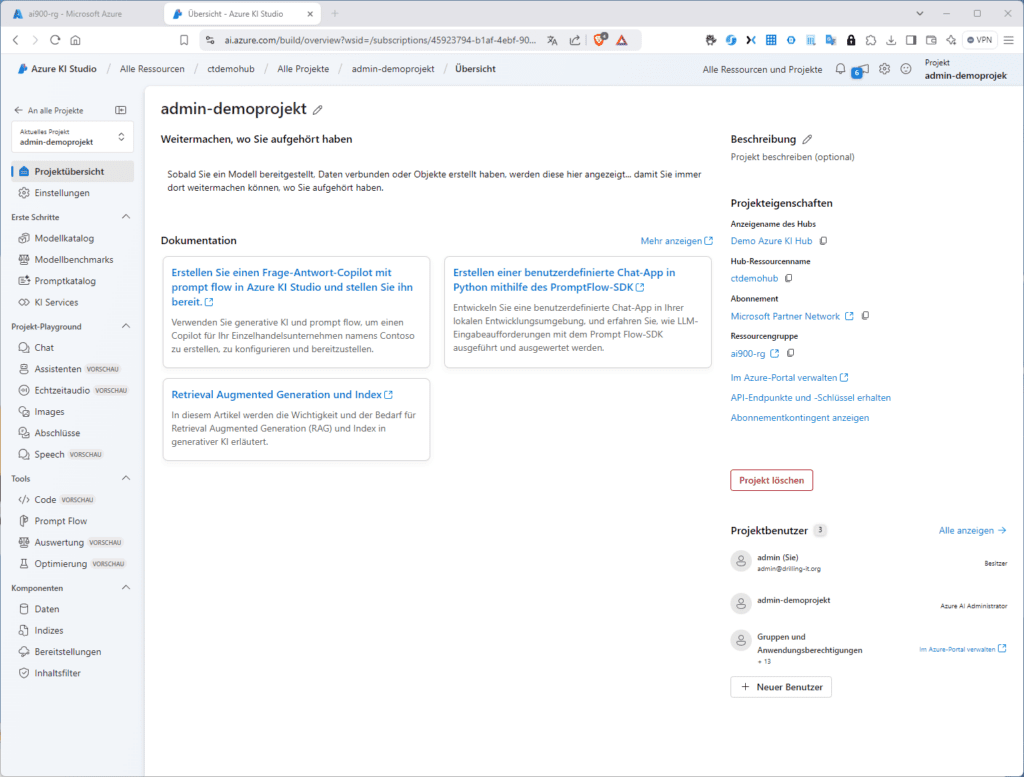 Die Details eines neuen Projektes in der Übersicht