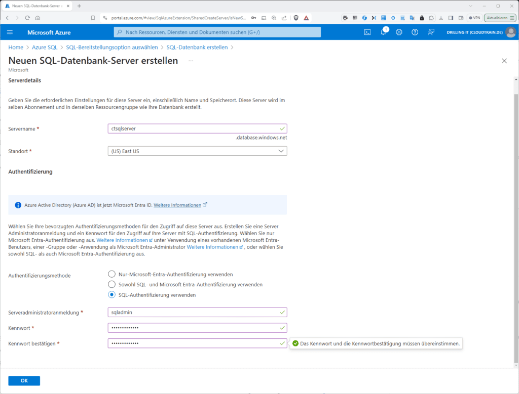 Ein administrativen Datenbank-Benutzerkonto für die SQL-Server-Authentifizierung