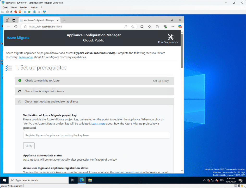 Screenshot der Azure Migrate-Einrichtung unter Windows mit den Voraussetzungen für die Bewertung virtueller Hyper-V-Maschinen und Konnektivitätsprüfungen mit Azure.