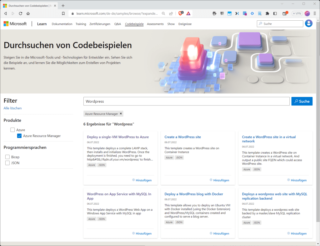 Die Landing-Page für Schnellstart-Vorlagen.