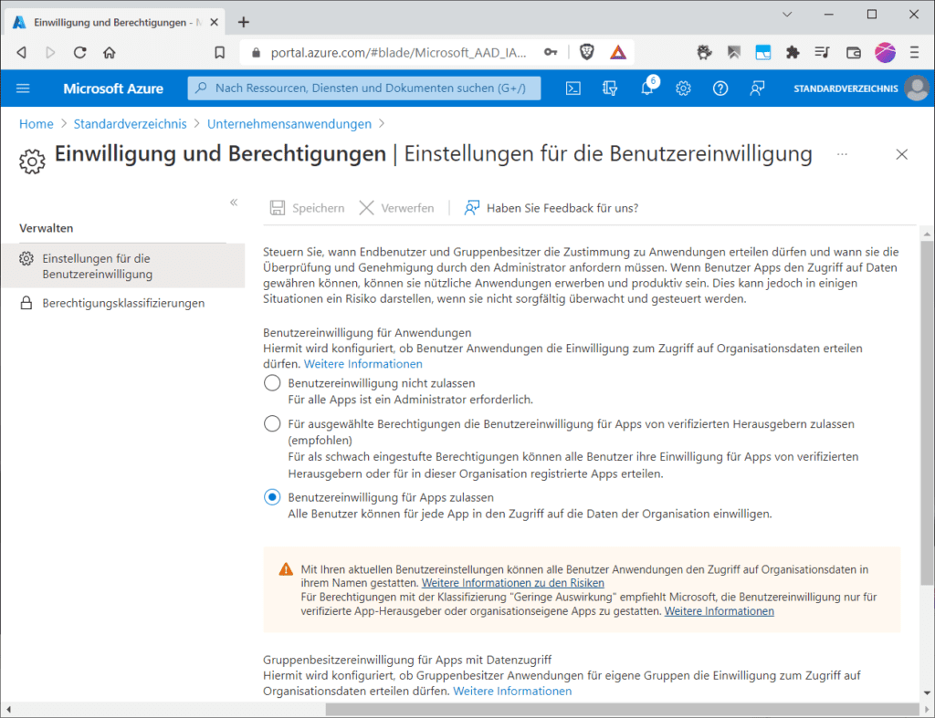 Die Voreinstellungen von User-Consent in den Azure AD Unternehmensanwendungen