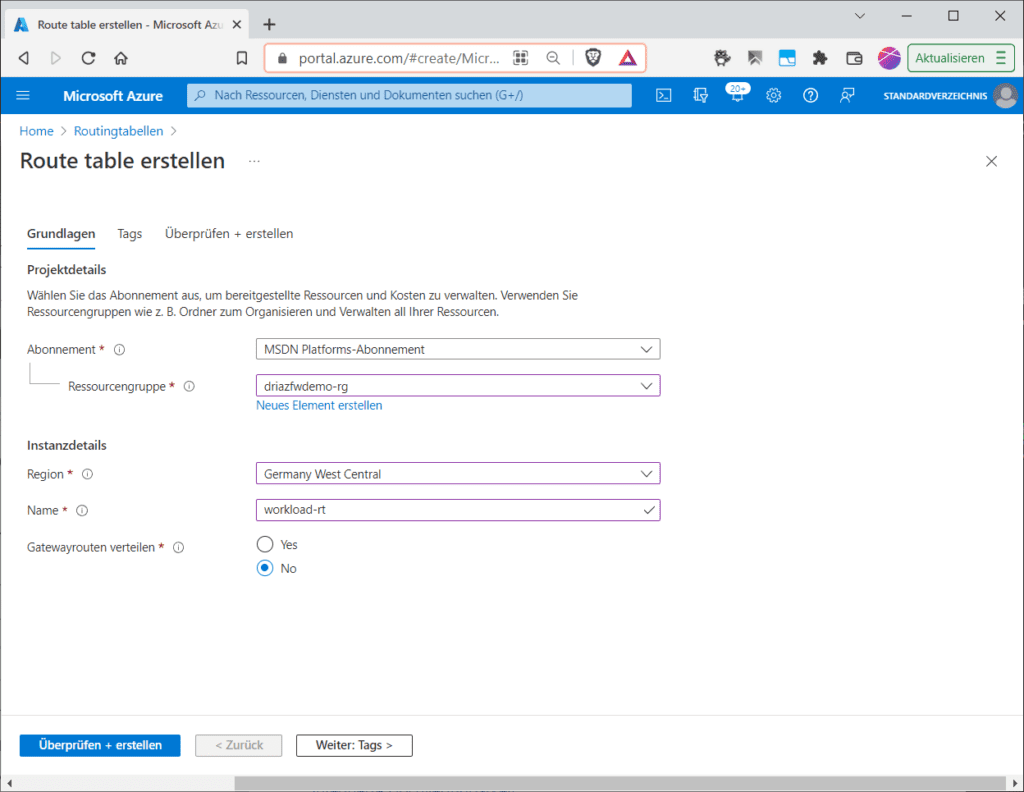 Eine neue Routingtabelle in Azure