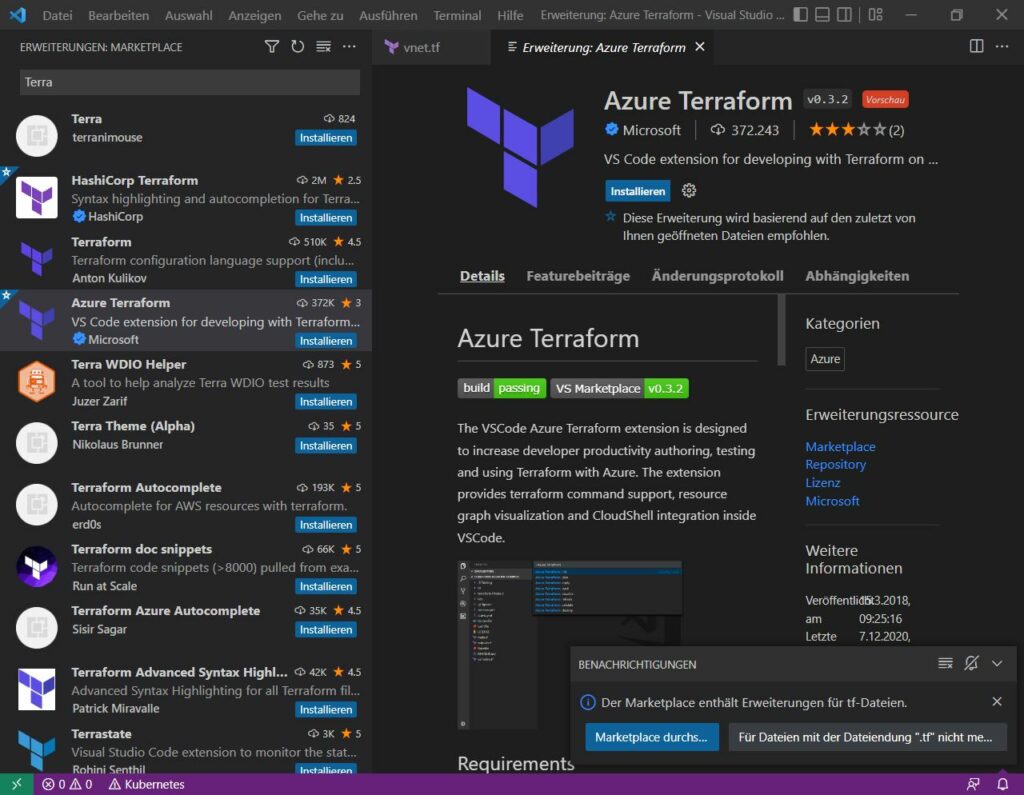 Terraform-Erweiterungen in VS Code.
