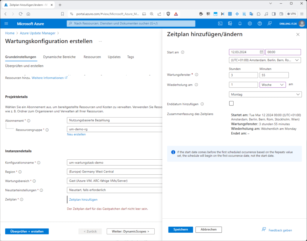 Screenshot der Microsoft Azure-Benutzeroberfläche mit Konfigurationsoptionen für die Wartung und einem Planungsfenster für Updates.
