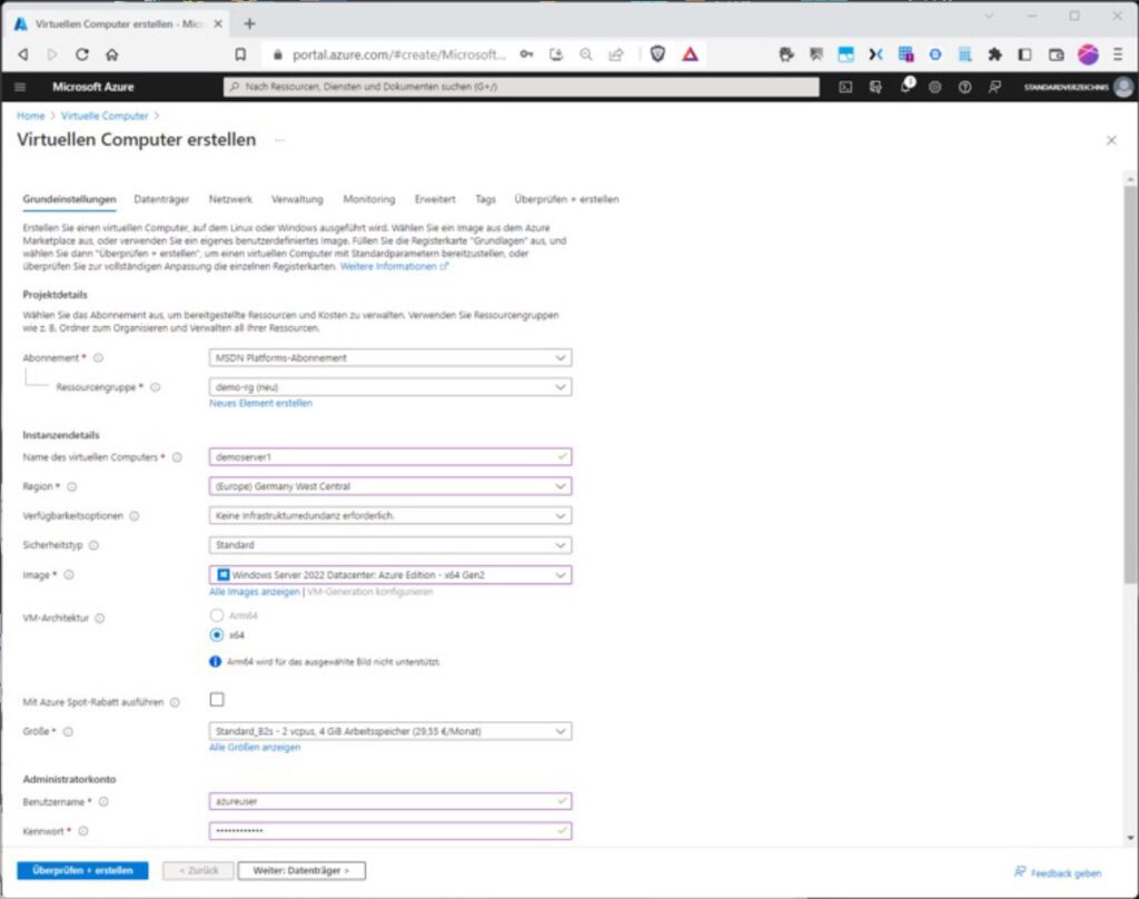 Die imperative, grafische Bereitstellung eine Azure-Ressource, hier einer „Virtuellen Maschine“.