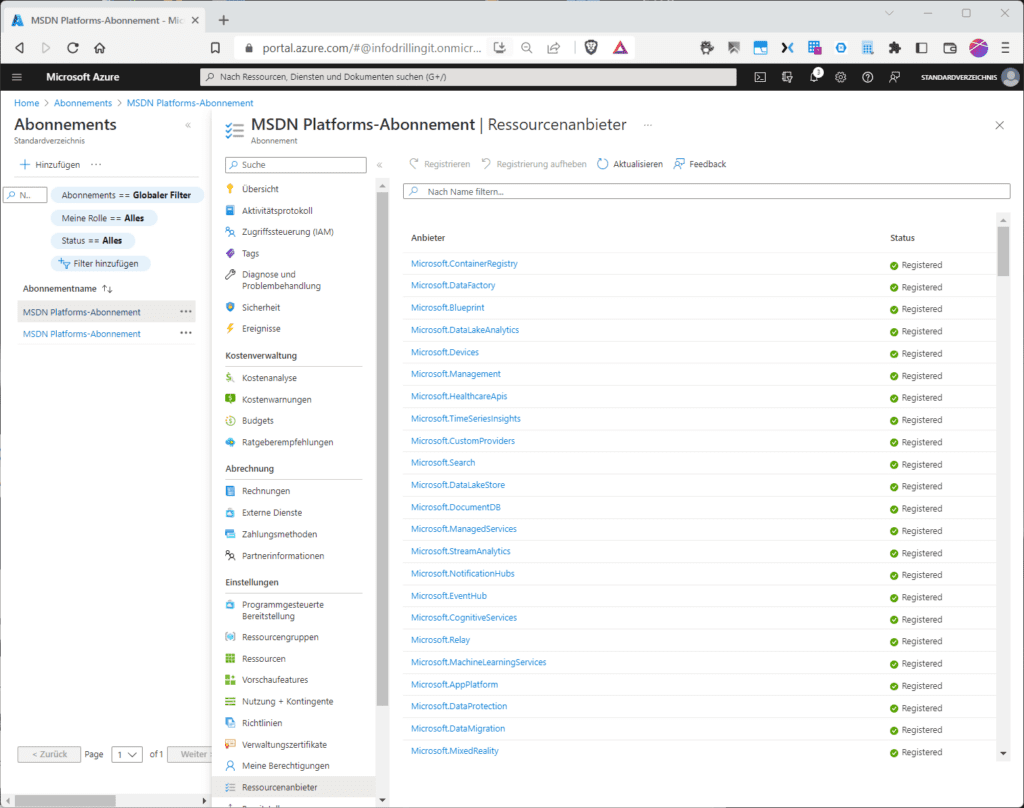 Die Resource-Anbieter in Azure.