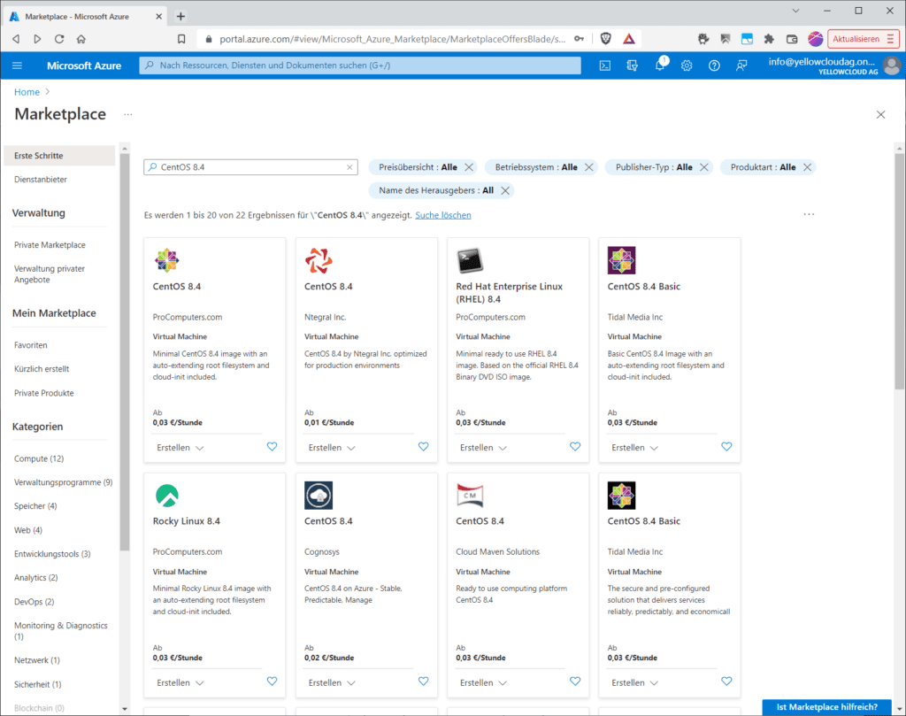 Manche Computerabbilder enthalten vorinstallierte Software, deren Lizenzkosten Sie zusätzlich zum Stundenpreise der Hardware bezahlen müssen. Solche „Software“-Lizenzen werden über Ihre Azure-Rechnung mit abgerechnet.