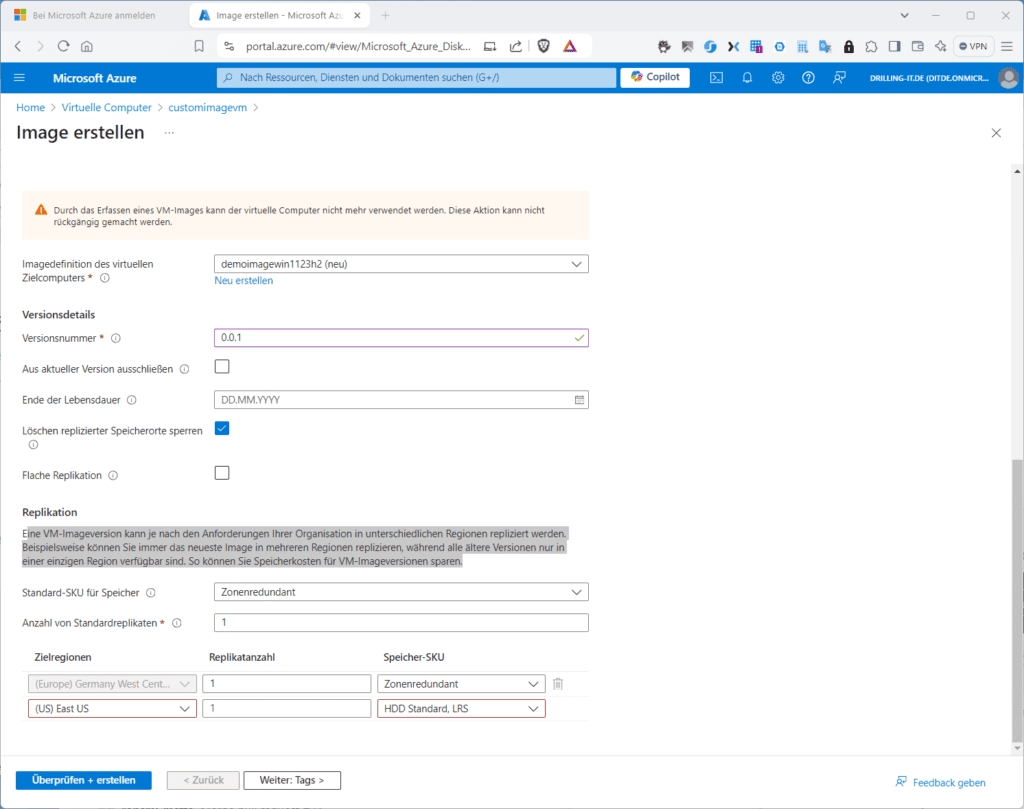 Screenshot einer Microsoft Azure-Benutzeroberfläche zur Erstellung einer virtuellen Maschine mit Feldern für die Image-Auswahl, die Version, das Ablaufdatum und die Replikationsoptionen.