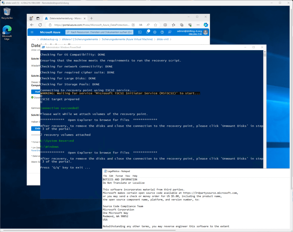 Computerbildschirm, auf dem ein Wiederherstellungsprozess einer virtuellen Maschine mit mehreren Befehlszeilenfenstern und einem zu Microsoft Azure geöffneten Browser angezeigt wird.