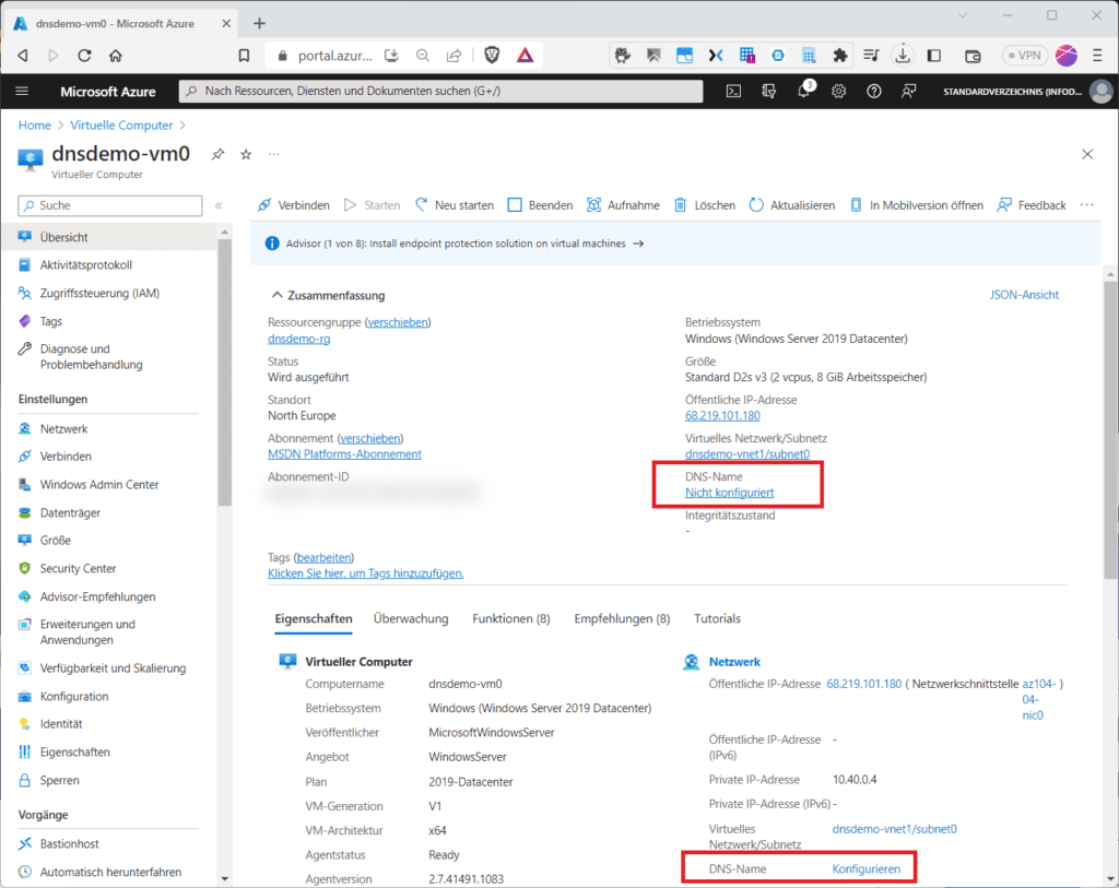 Ein von der Azure-Plattform bereitgestellter öffentlicher DNS-Name.