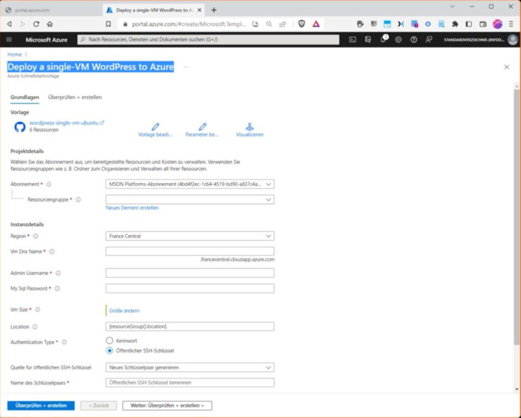 Das Bereitstellen eines Wordpress-CMS als ARM-Vorlage.
