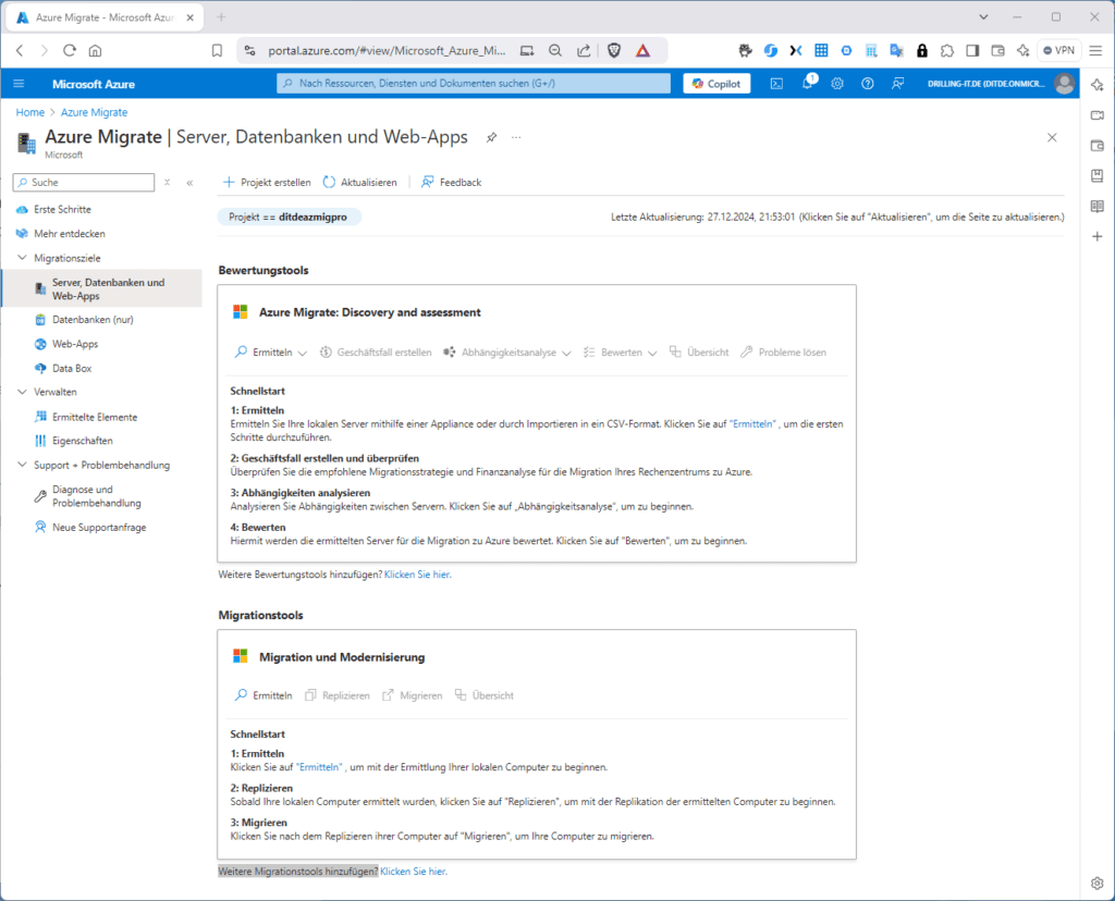 Die beiden Microsoft-Werkzeuge für „Discovery and assessment“ sowie „Migration und Modernisierung“