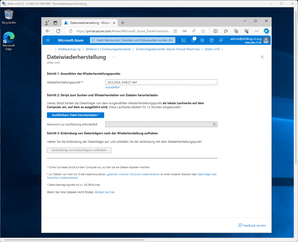 Screenshot einer Microsoft Azure-Oberfläche für die Wiederherstellung von Dateien mit Optionen für die Auswahl und den Download eines Wiederherstellungspunkts.