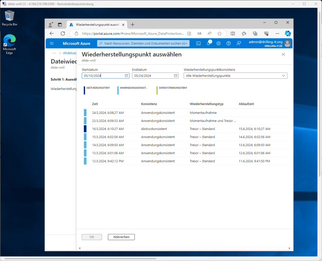 Screenshot eines Microsoft Azure-Portals mit dem Fenster „Wiederherstellungspunkt auswählen“, das Wiederherstellungspunkte mit verschiedenen Details auflistet.